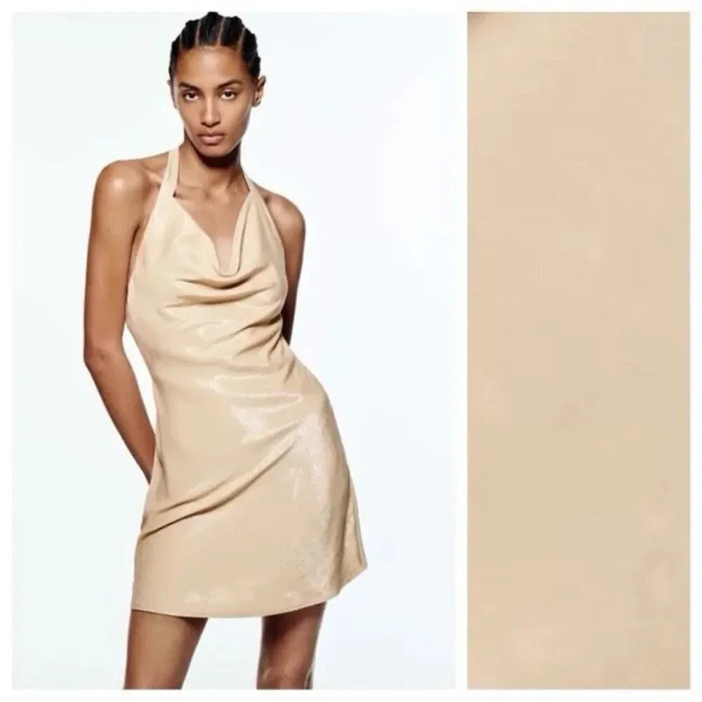 Zara Iridescent Satin Effect Mini Dress Draped Neck Open Back XS Gold Beige Y2K